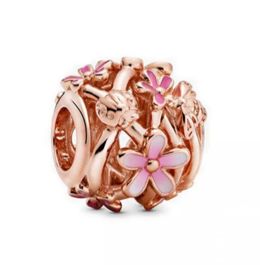 Charm esfera flores en rosa con brillantes rose gold de plata s925
